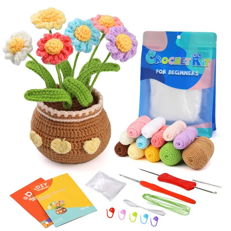 Raptor Home DIY Crochet Kit – Complete Daisy Flower Pot for Beginners