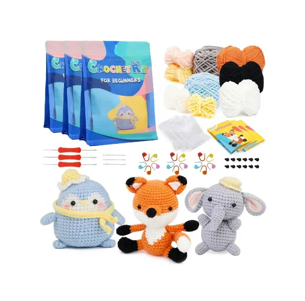 Raptor Home Beginner DIY Crochet Kit – Baby Penguin, Fox & Elephant