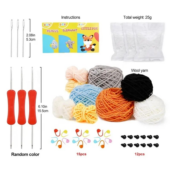 Raptor Home Beginner DIY Crochet Kit – Baby Penguin, Fox & Elephant