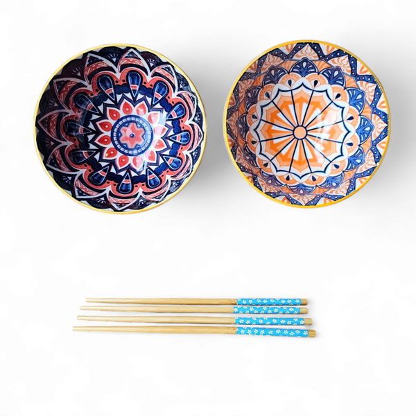 Bohemian Ceramic Soup Bowl Set with Chopsticks - Set of 2 | Gift Box | Microwave & Dishwasher Safe