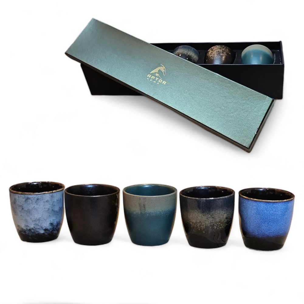 Set of 5 Japanese Kiln-Glazed Ceramic Tea & Coffee Cups - 150ml | Nature-Inspired Design | Gift Box Set