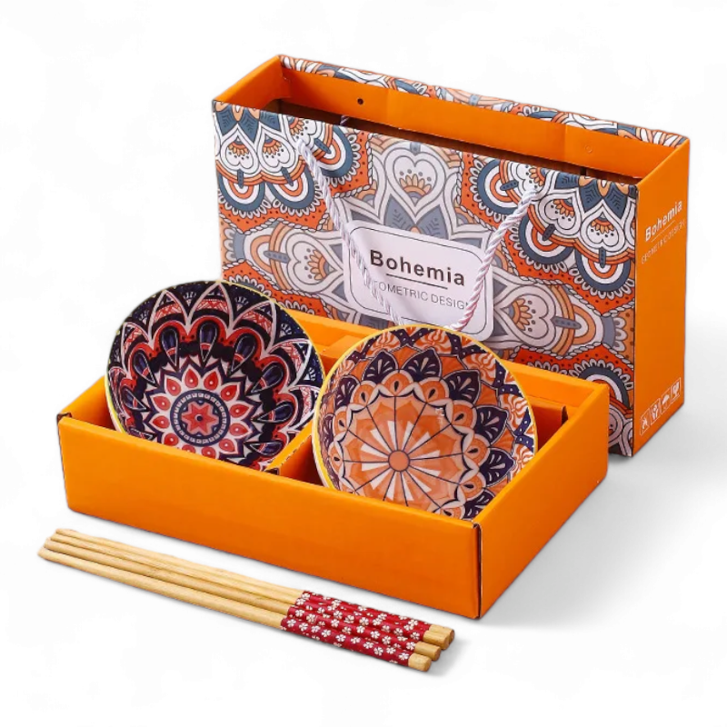 Bohemian Ceramic Soup Bowl Set with Chopsticks - Set of 2 | Gift Box | Microwave & Dishwasher Safe