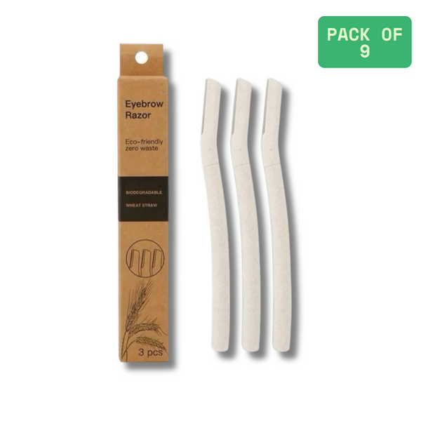 Pack of three eco-friendly eyebrow razors with a cardboard packaging label on a white background.