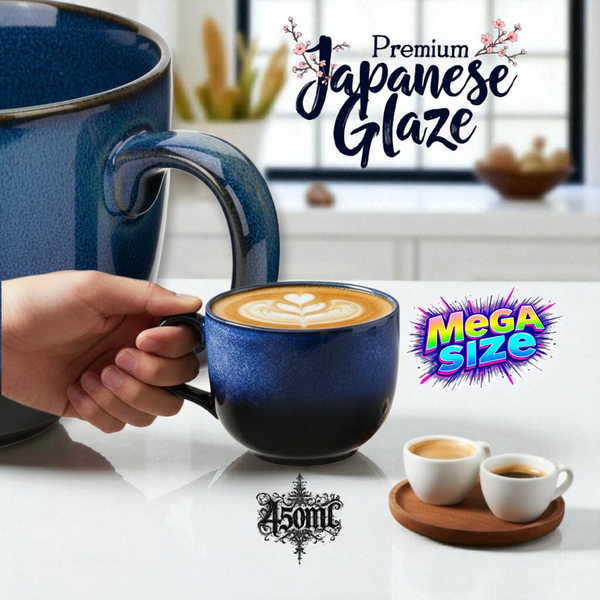 Raptor Home Umi a’Chi Ceramic Mug Set – 2× 450ml Handcrafted Cappuccino Cups with Japanese Glaze – Ocean Blue & Clay Brown – Microwave & Dishwasher Safe