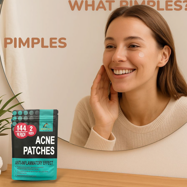 Woman smiling with a package of acne patches in front of her.