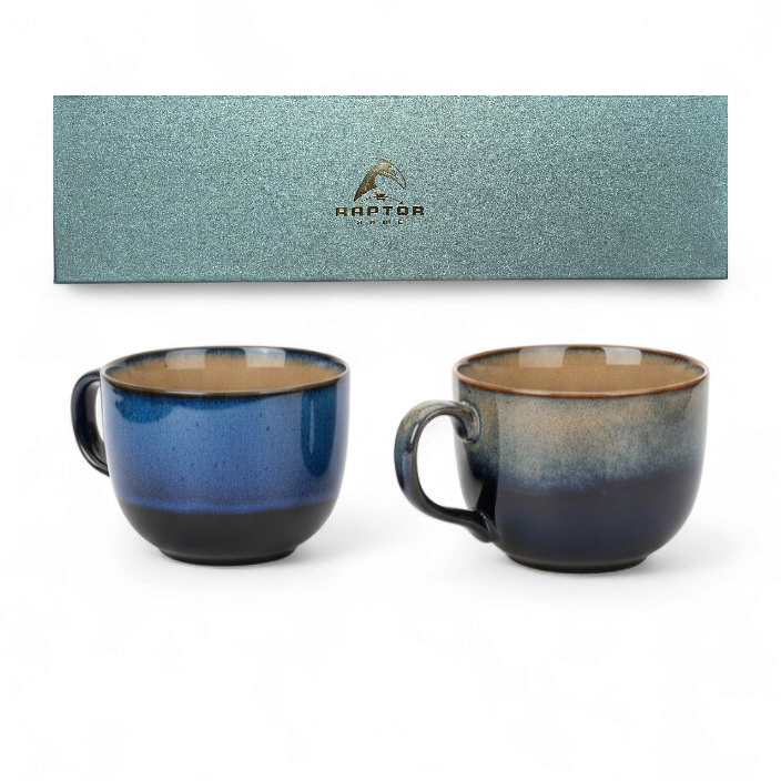 Raptor Home Umi a’Chi Ceramic Mug Set – 2× 450ml Handcrafted Cappuccino Cups with Japanese Glaze – Ocean Blue & Clay Brown – Microwave & Dishwasher Safe