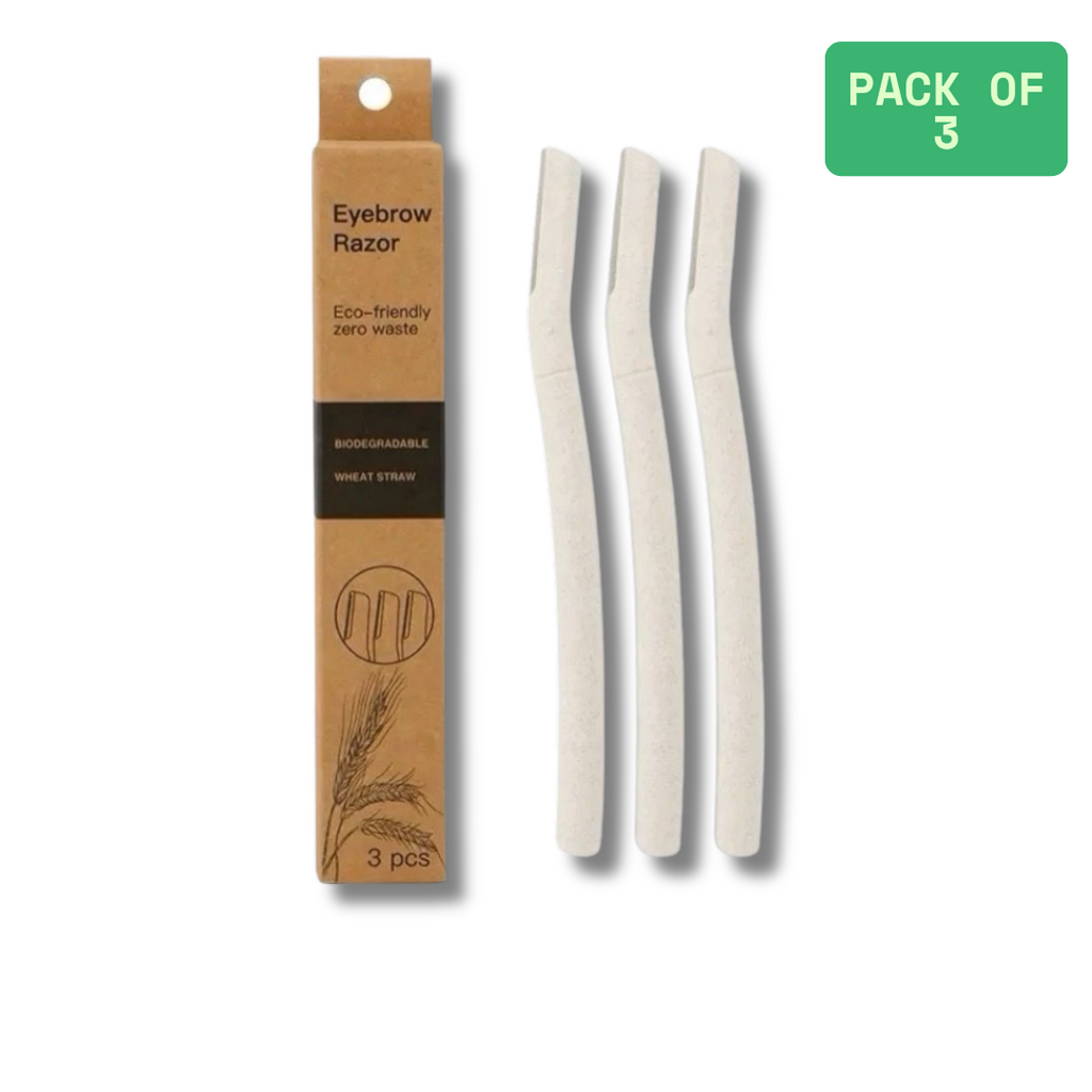 Pack of three eco-friendly eyebrow razors with packaging on a white background
