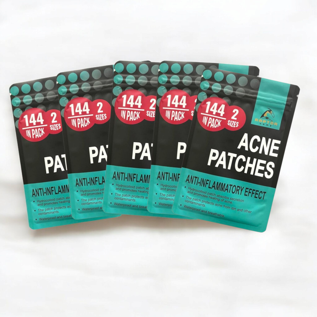 Packaging of acne patches with text on a white background